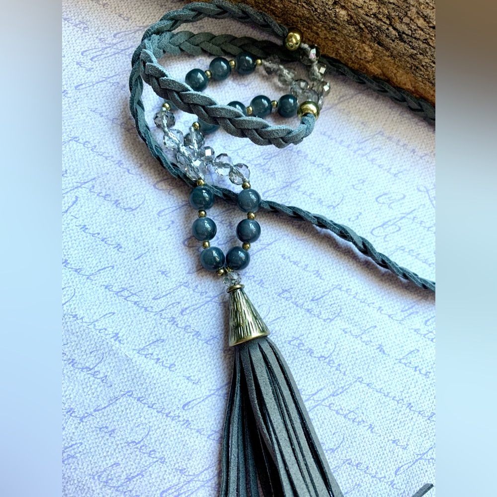 Gray Leather Boho Hippie Crystal & Stone Beaded Tassel Necklace Woman’s Jewelry